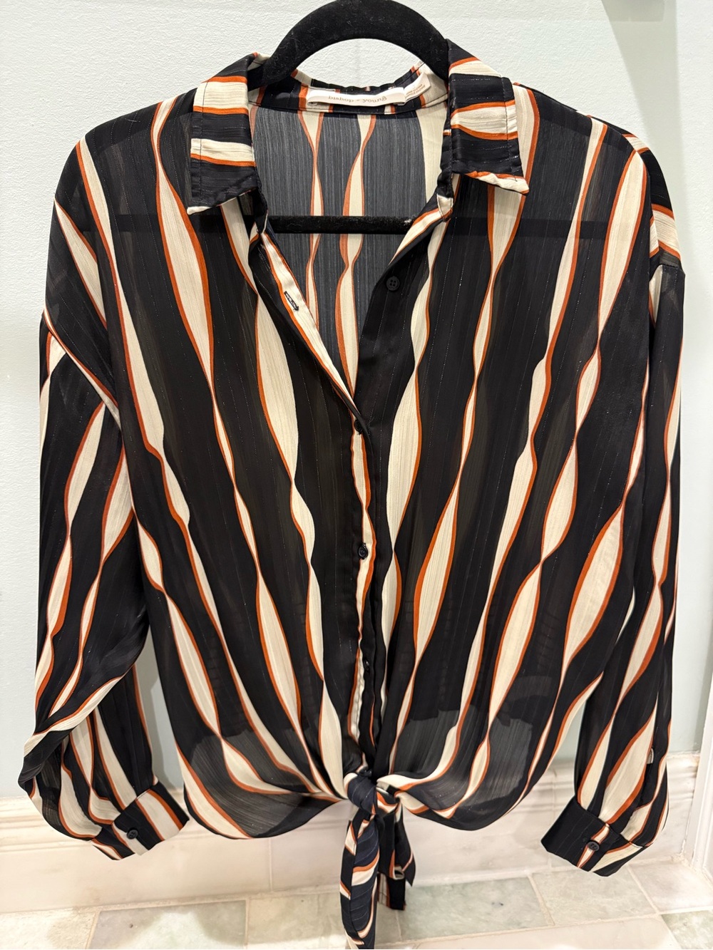 bishop + young Black, Cream & Orange Striped Tie-Front Button Down Shirt